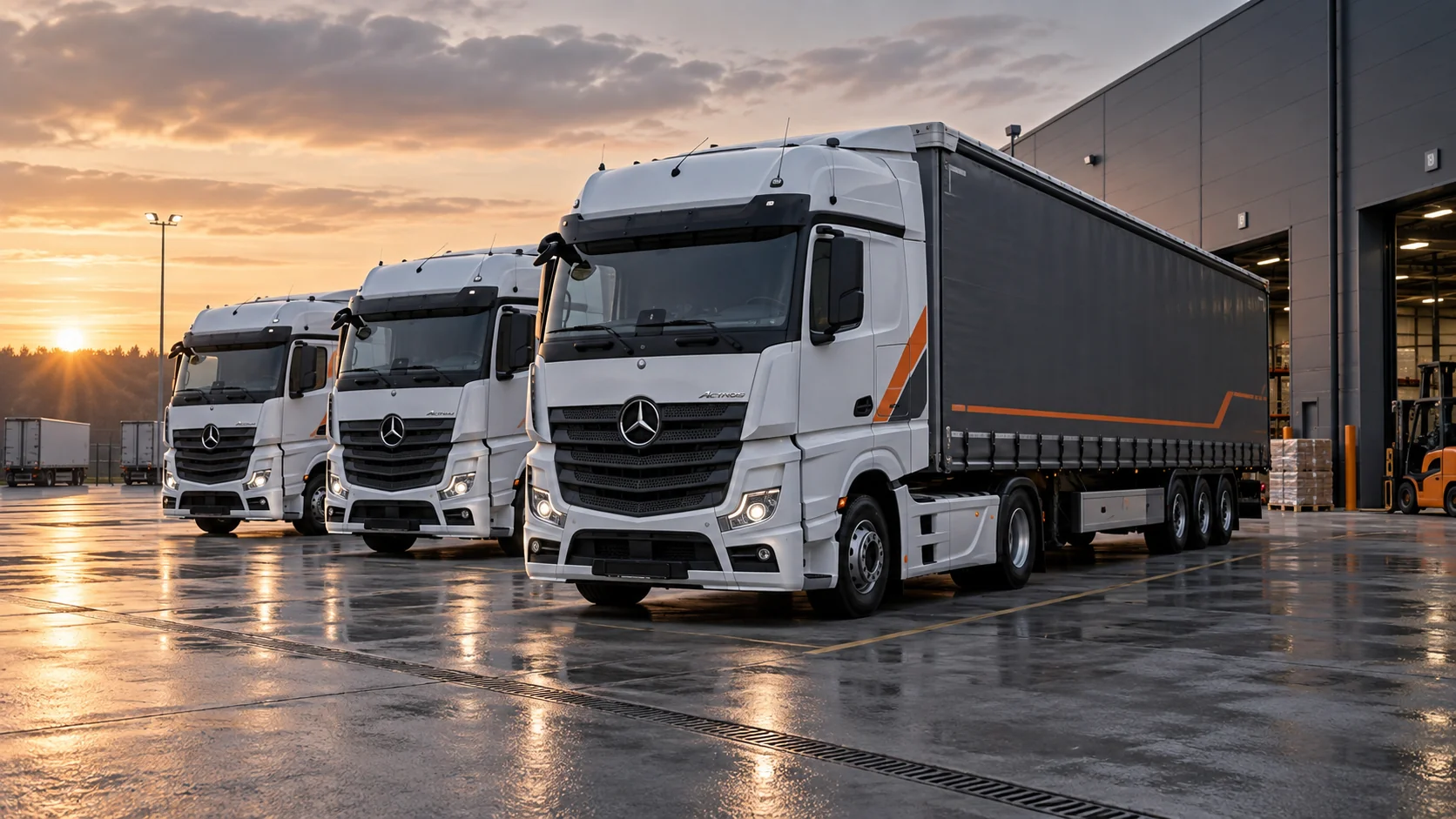 Wizualizacja AI: Flota białych Mercedesów Actros