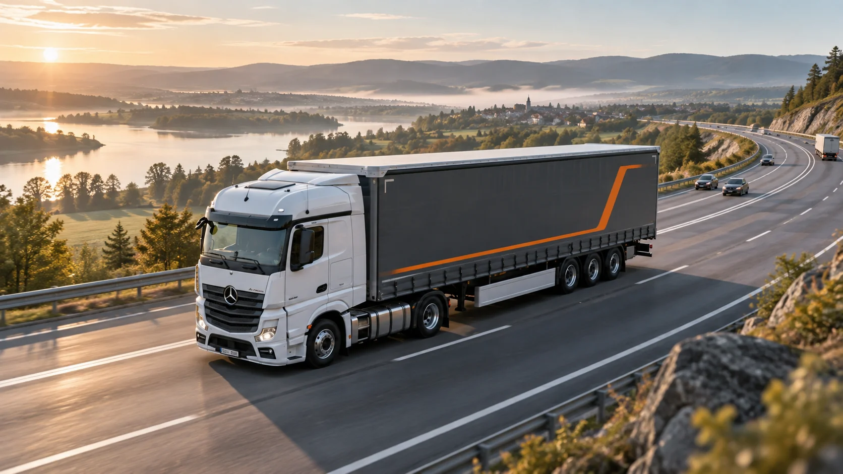 Wizualizacja AI: Mercedes Actros na europejskiej trasie